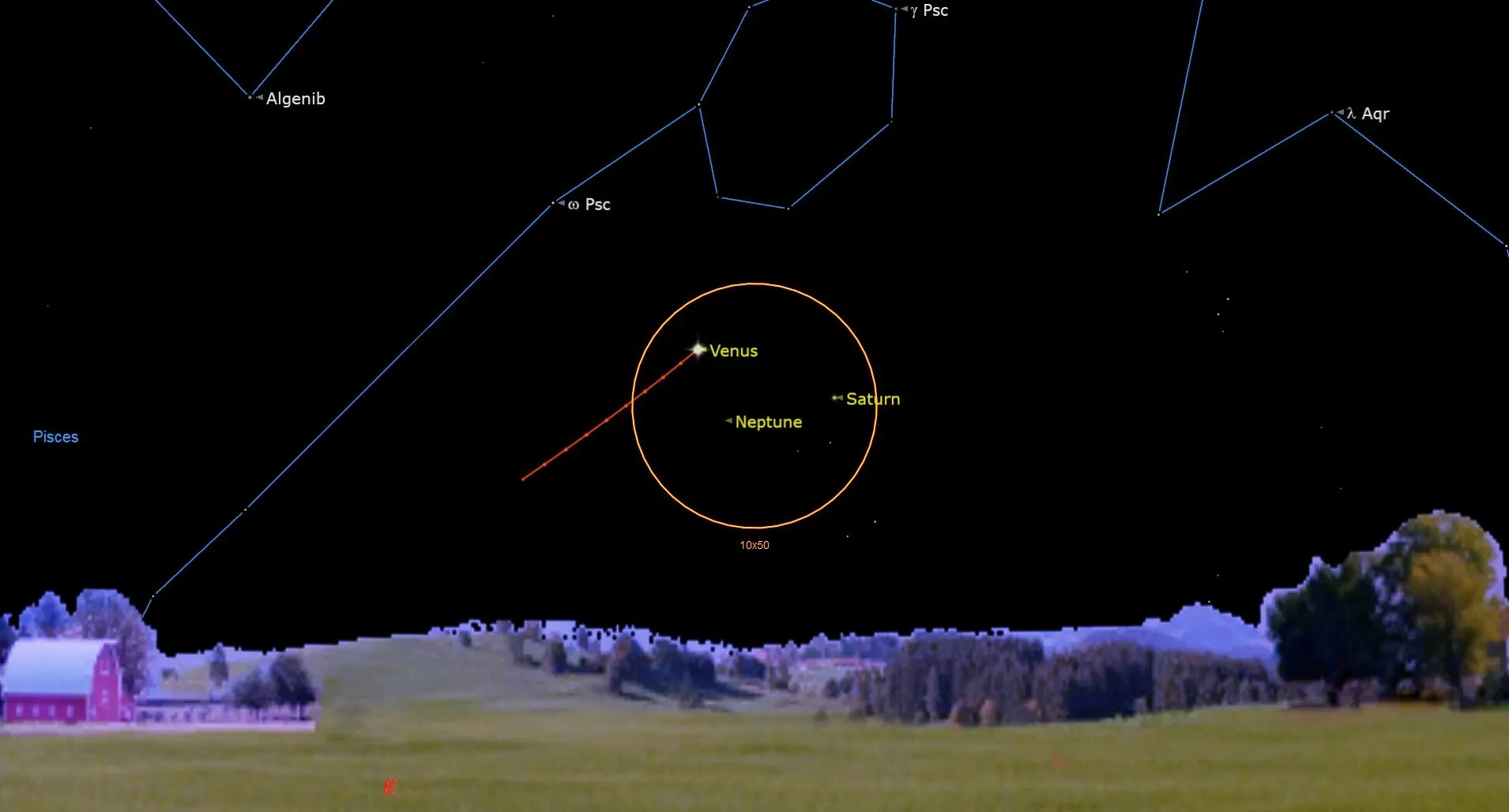 Eine Grafik des Nachthimmels zeigt die Venus oben links von Saturn, während Neptun unten dazwischen liegt. Das Trio ist von einem orangefarbenen Kreis umgeben.